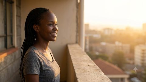 A smiling woman welcomes the 8:00 AM sunshine from her balcony.