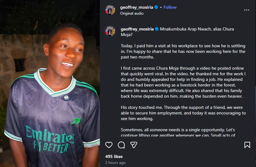A post shared by Geoffrey Mosiria on his Instagram. PHOTO/Screengrab by K24 Digital