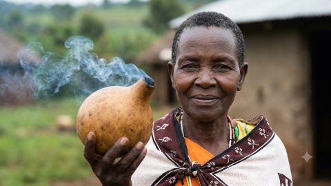 A smiling elderly Kalenjin woman holds a smoking gourd, symbolizing tradition.