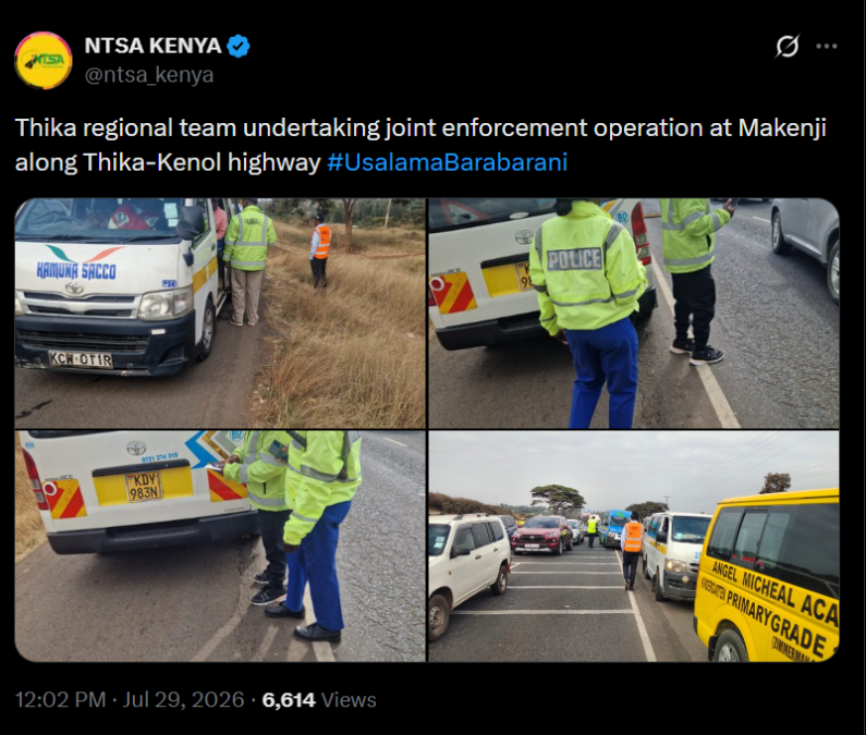 Post by NTSA Kenya. PHOTO/Screengrab by K24 Digital on X/@ntsa_kenya