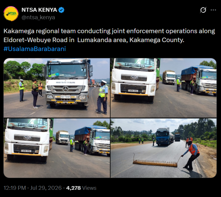 Post by NTSA Kenya. PHOTO/Screengrab by K24 Digital on X/@ntsa_kenya