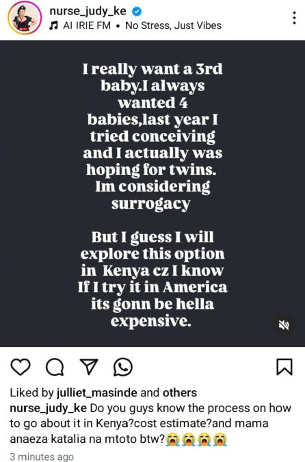 Nurse Judy's statement on surrogacy. PHOTO@nurse_judy_kenya/Instagram