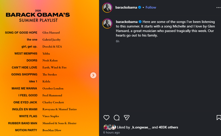 A post shared by Barack Obama on his Instagram page. PHOTO/Screengrab by K24 Digital