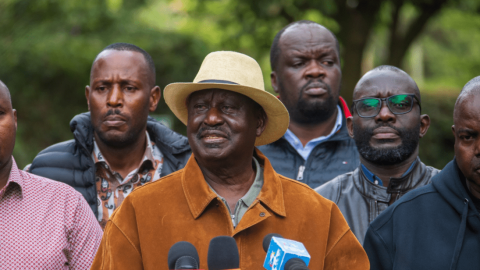 The late former Prime Minister and opposition figure Raila Odinga at Serena Hotel addressing the press during the Sabasaba commemoration. PHOTO/@TheODMparty/X