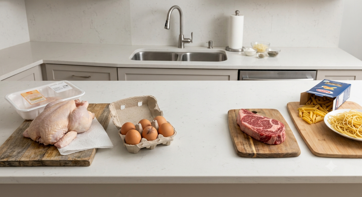 Raw chicken on top of a kitchen counter.