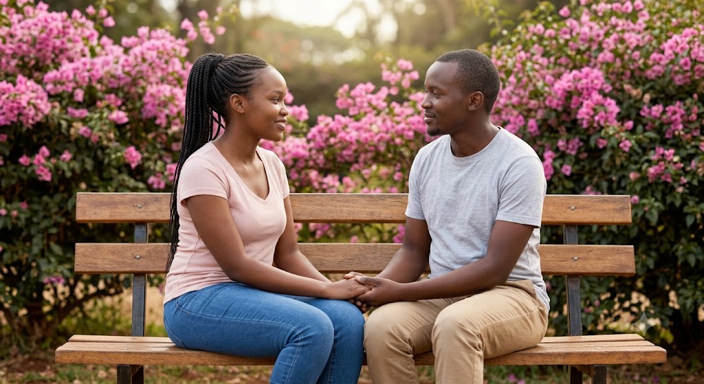 A couple has a calm, constructive conversation, rebuilding connection in a park.
