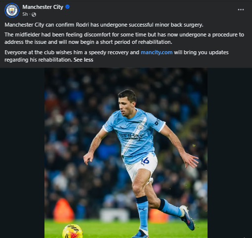 Manchester City's statement on Rodri's surgery. PHOTO/https://www.facebook.com/mancity