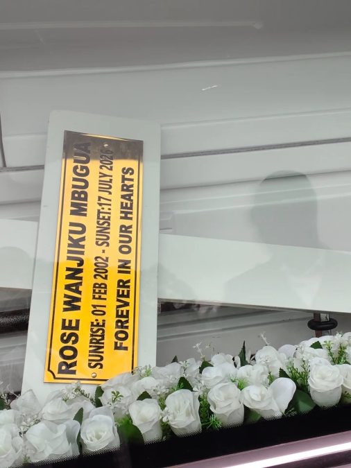 The casket bearing the remains of journalist Rose Mbugua inside a funeral hearse. PHOTO/mosesmatiba