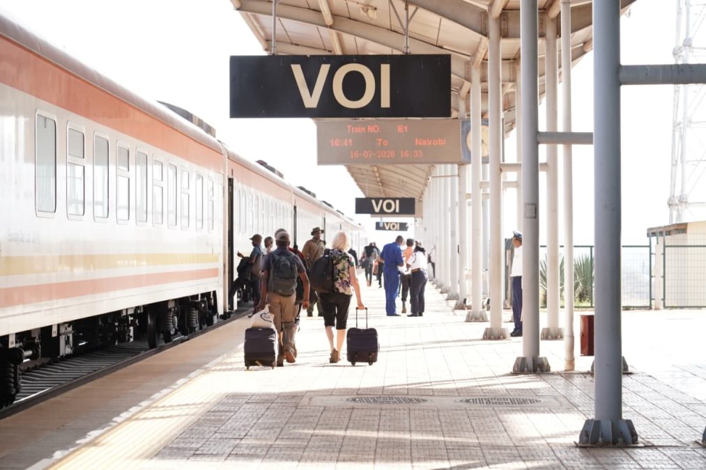 Travellers board the SGR train at Voi station. PHOTO/@KenyaRailways_/X