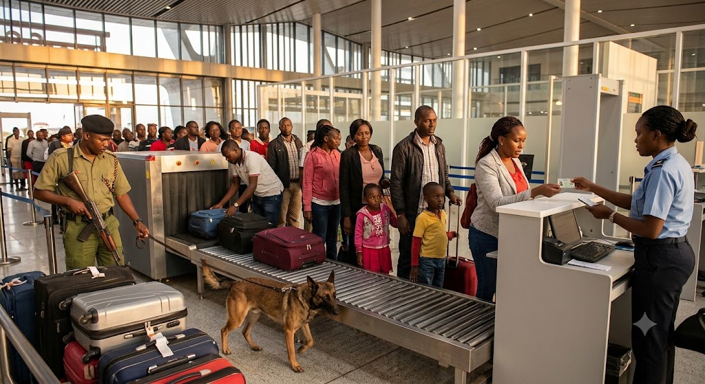 Strict security screening at the Nairobi Terminus involves luggage X-rays and sniffer dogs.