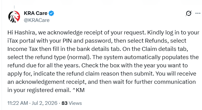 KRA explains process to claim tax refund. PHOTO./@KRACare
/X