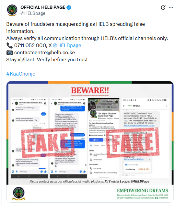 HELB Cautions Students Over Fraudsters Masquerading as the Agency