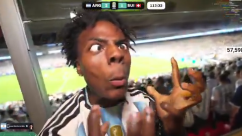 IShowSpeed, wearing an Argentina jersey, reacts after Argentina took the lead against Switzerland during their FIFA World Cup quarterfinal.