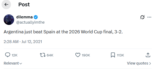 A screengrab of a 2021 X post predicting the winner of 2026 World Cup.