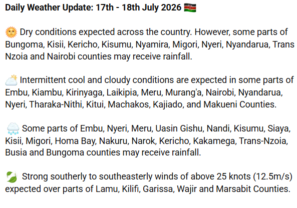 Kenya Met’s latest weather forecast. PHOTO/https://meteo.go.ke/
