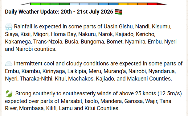 Kenya Met latest weather forecast. PHOTO/https://meteo.go.ke/our-products/daily-forecast/daily-weather-forecast-valid-20th-july-2026/