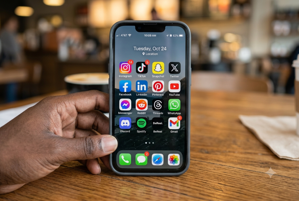 Social media apps displayed on phone.