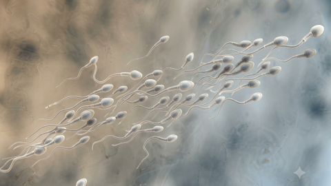 Microscopic view shows swimming textured sperm.