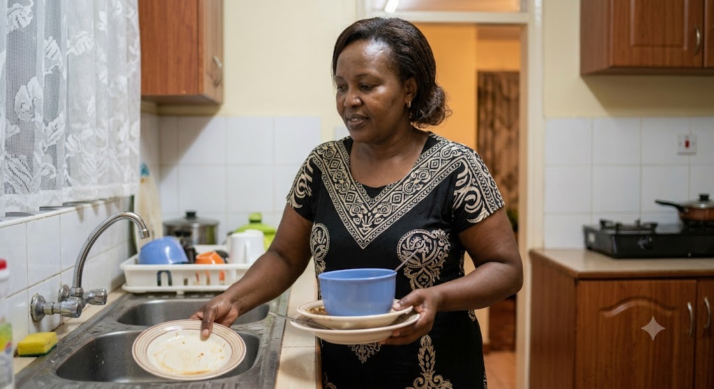 A woman standing tall while actively clearing plates from the table.
