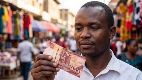 A man thoughtfully holds a single, sharp Ksh 1,000 note in a bustling market.