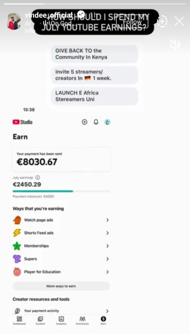 A screengrab of Vindee's post showing his YouTube earnings in July 2026. PHOTO/@vindee_official/Instagram