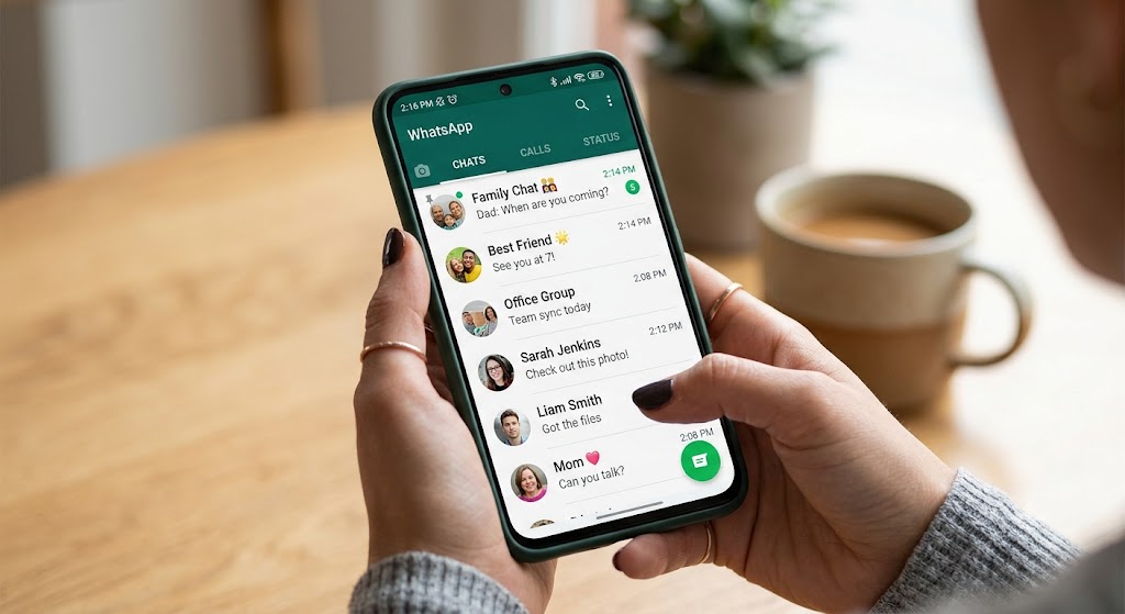 Someone holding a phone displaying WhatsApp chats