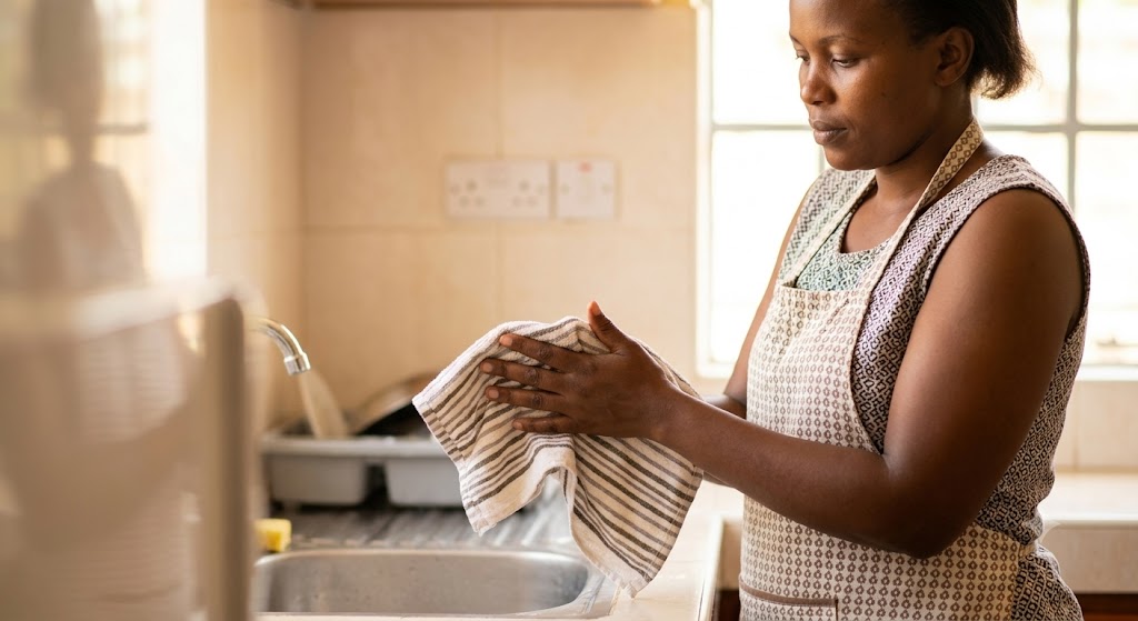 A woman drying her hands with a small towel next to a kitchen power outlet.