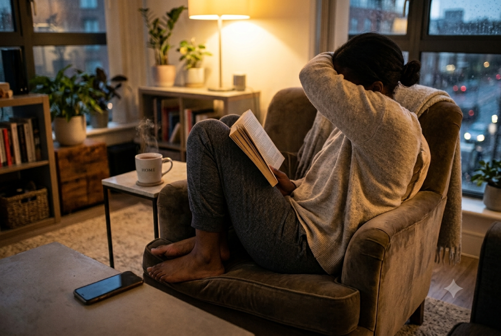 A person relaxed at home with a book.