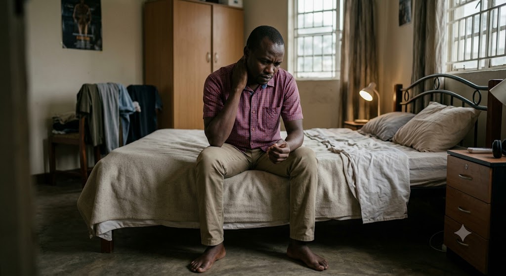 A worried man sitting at the edge of the bed