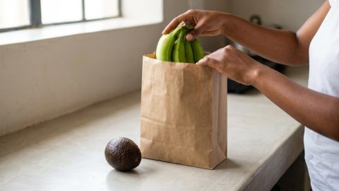 Placing green bananas into a brown paper bag.