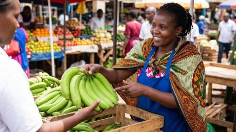 A woman selling bananas at the market.