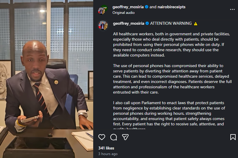 A post shared by Geoffrey Mosiria on Instagram. PHOTO/Screengrab by K24 Digital