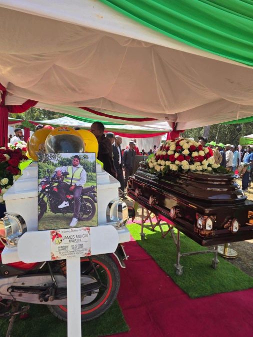 Boda boda riders and coffins bearing the remains of the two men. PHOTOS/@GTN/Facebook.