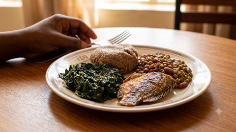 A healthy, balanced plate of Kenyan staples: brown ugali, tilapia fish, and sukuma wiki.