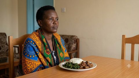 A middle-aged woman in mourning sitting alone, gazing forlornly at an untouched, full plate of Ugali and beef stew.