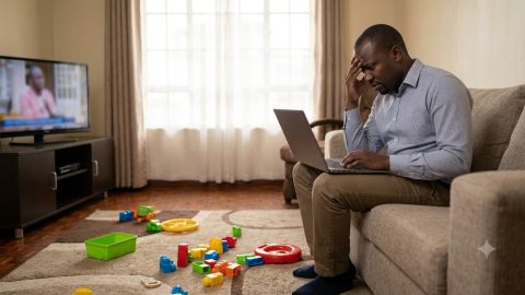 A stressed professional scrolling anxiously at home during the holidays, unable to disconnect.