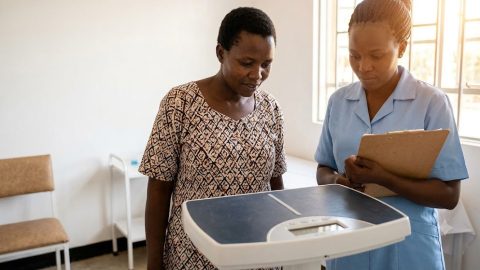 A woman at a local health clinic looks thoughtfully at her weight reading on a digital scale.