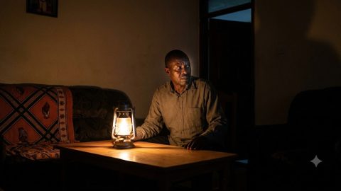 A man sits in a dimly lit home during a power outage, looking uneasy.
