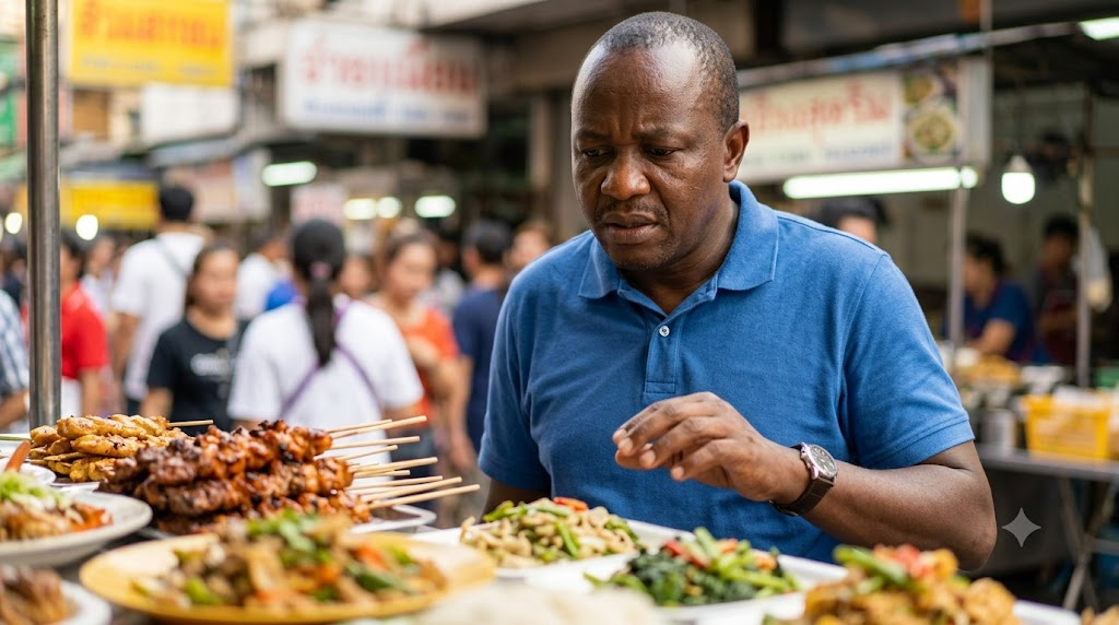 A traveller explores a foreign street food market, looking hesitant at the new options.