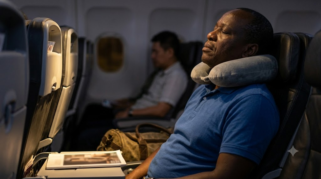 An exhausted passenger attempts to sleep during a long-haul flight.