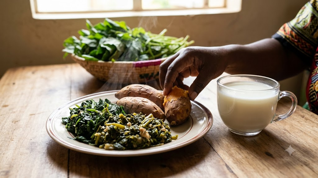 A close-up shot features a plate of traditional greens, sweet potatoes, and a glass of fermented milk.