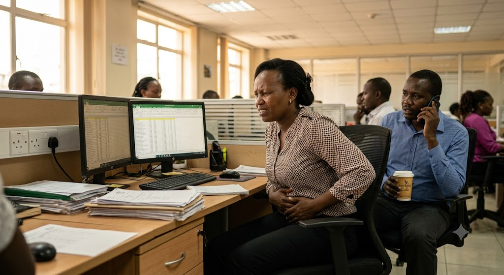 A professional woman ignores the urge to urinate while focusing intensely on her demanding office work.