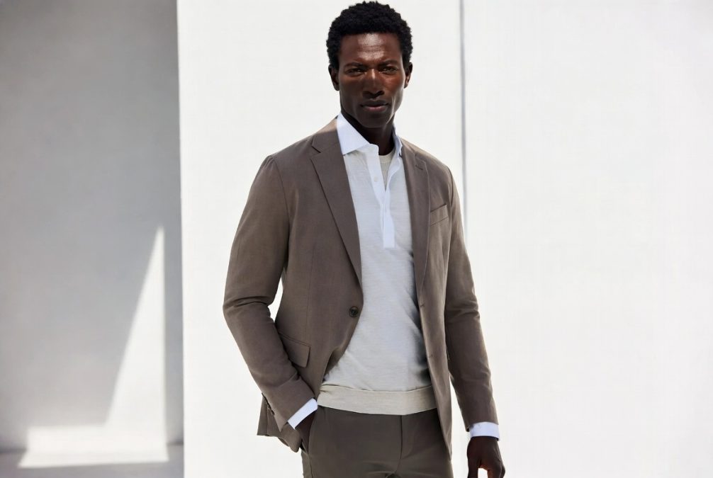African man in clean, slim layering.