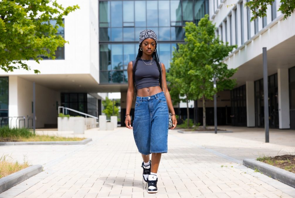 A girl wearing jorts.