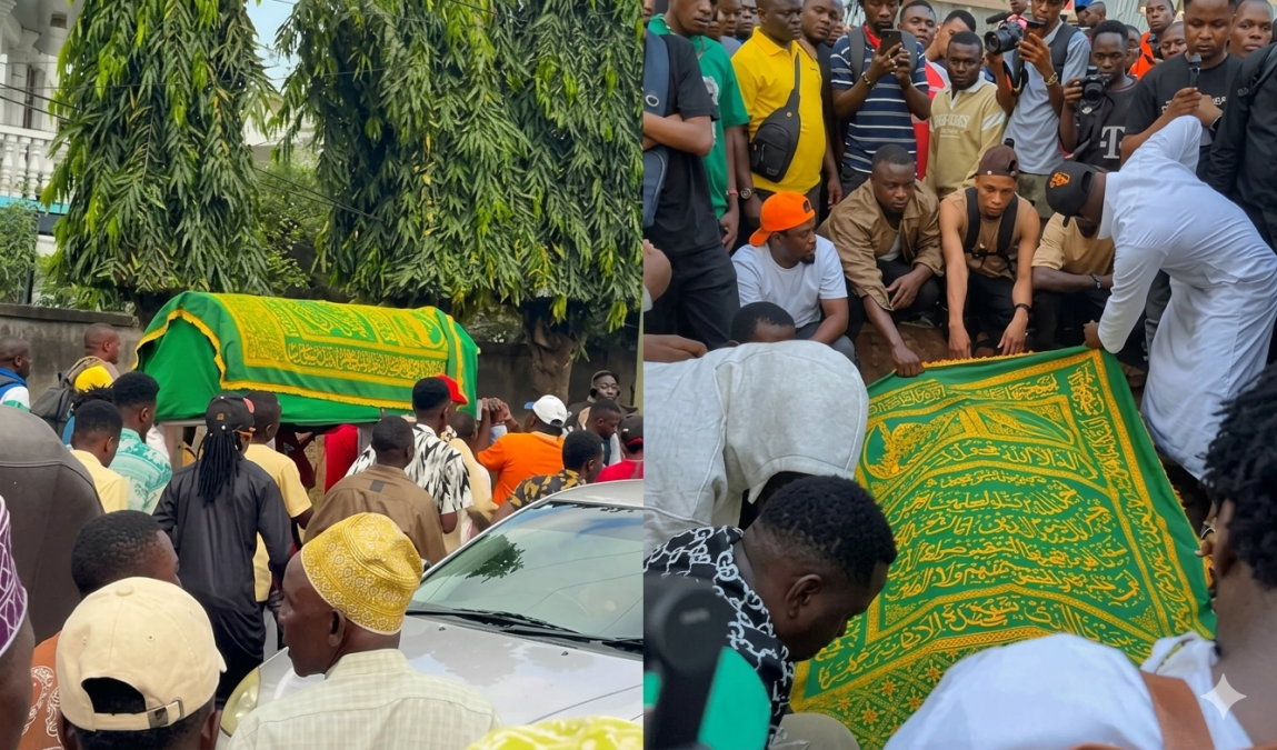 Mourners and family members gather to carry the casket of Singeli music star Meja Kunta’s biological father during his final journey. The deceased passed away at Temeke District Hospital following a sudden illness.PHOTOS/@bongounlocked/Instagram.