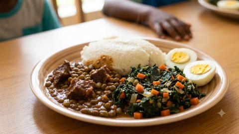 A warm meal of ugali, beef stew, and sukuma wiki.