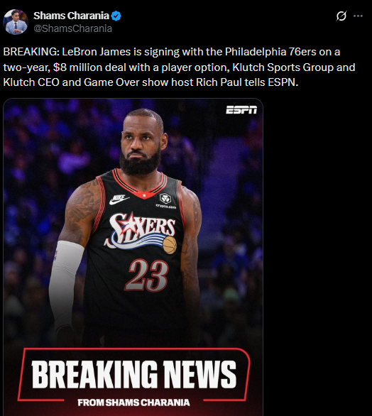 ESPN's Shams Charania announces NBA star LeBron James' move to the Philadelphia 76ers