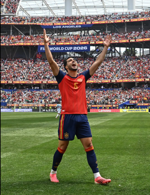 Mikel Merino celebrates after inspiring Spain past Belgium in the 2026 FIFA World Cup quarter-finals on Friday, July 10, 2026. PHOTO/https://www.facebook.com/fifaworldcup/photos