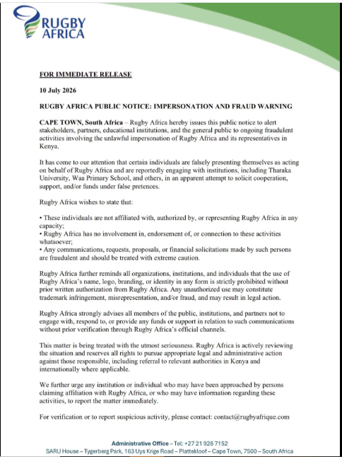 Statement of Rugby Afrique on fraudulent and impersonation activities in Kenya. PHOTO/https://www.facebook.com/RugbyAfrique