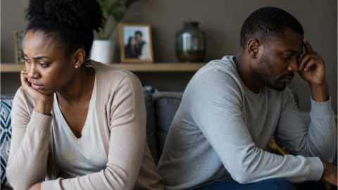 Couple who are emotionally distant in a quiet room.